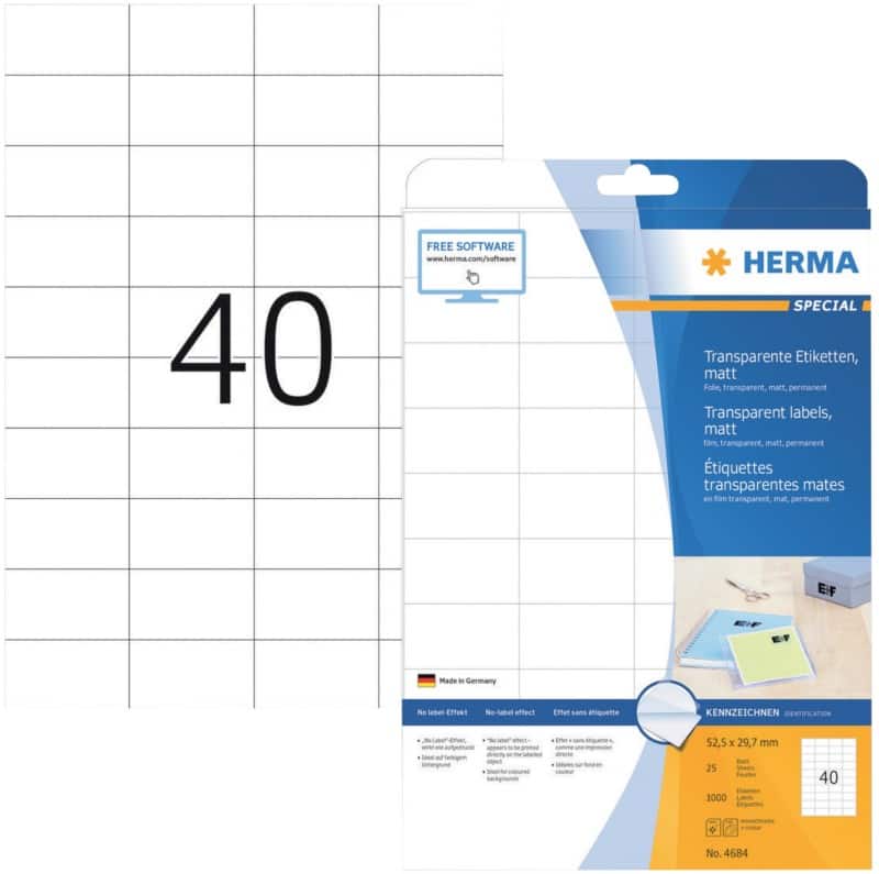 Étiquettes HERMA 4684 adhésif A4 Transparent 52.5 x 29.7 mm 25 Feuilles de 40 Étiquettes