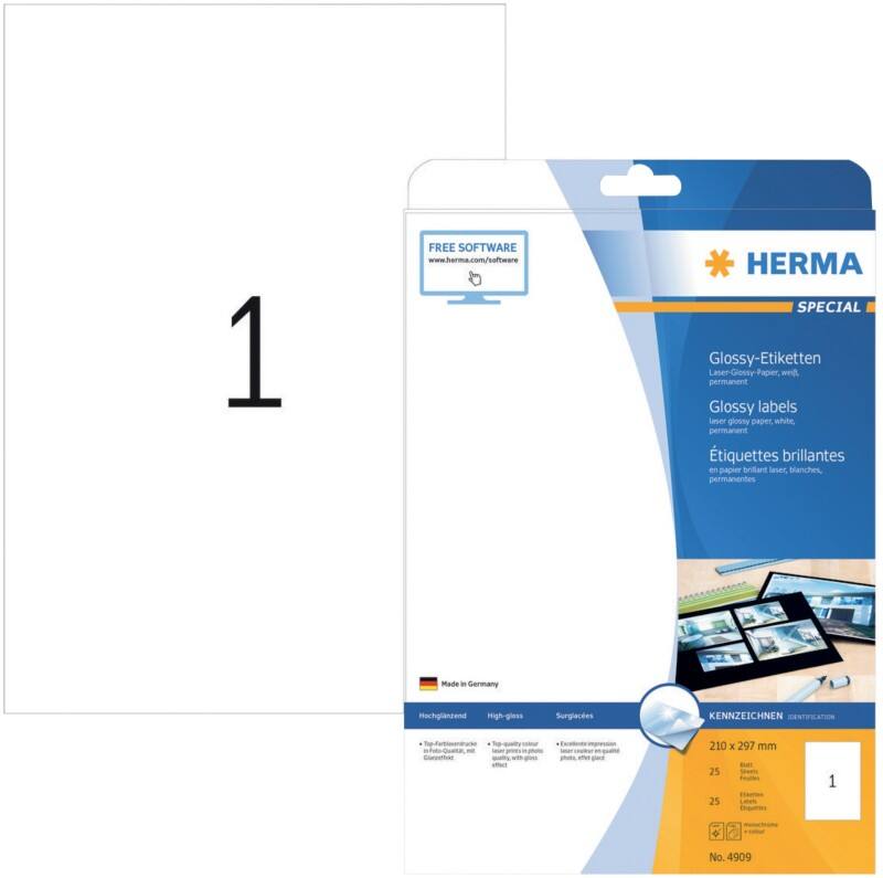 HERMA Etiketten 4909 Klevend A4 Wit 210 x 297 mm  25 Vellen à 1 Etiketten
