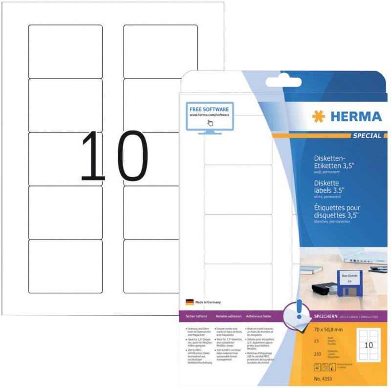 Étiquettes CD/DVD HERMA 4353 adhésif A4 Blanc 70 x 50.8 mm 25 Feuilles de 10 Étiquettes