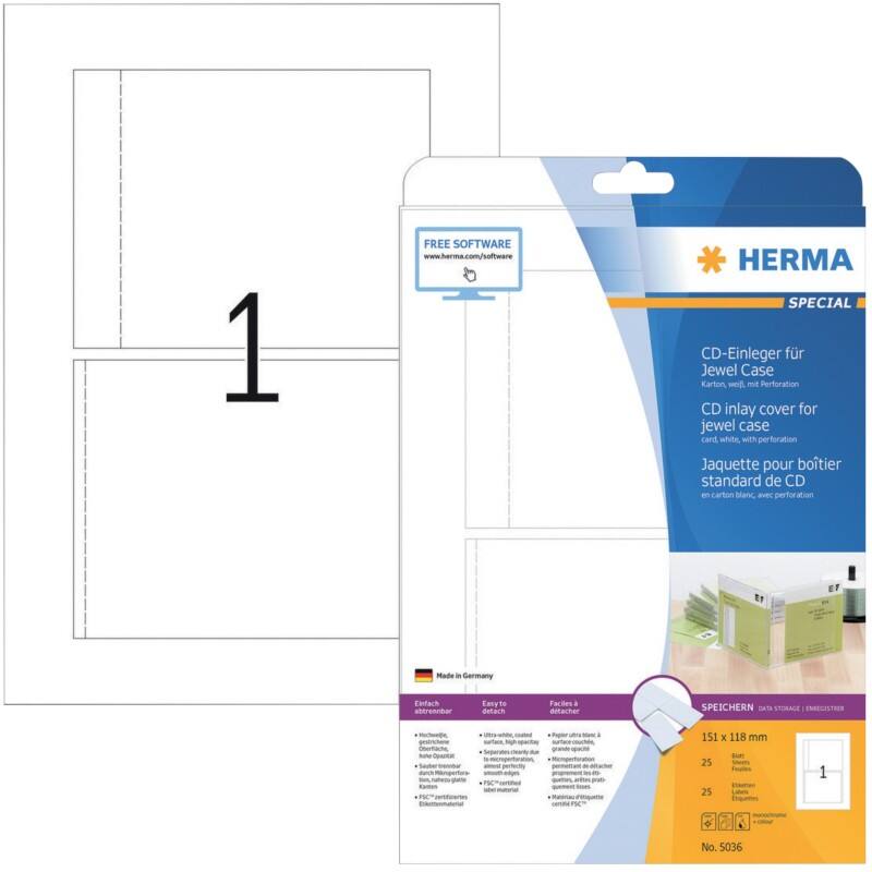 Étiquettes CD/DVD HERMA 5036 non adhésif A4 Blanc 151 x 118 mm 25 Feuilles de 1 Étiquettes