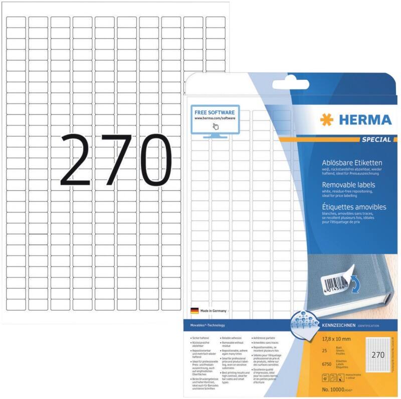 Étiquettes repositionnables HERMA 10000 Blanc Rectangulaires 6750 Étiquettes par paquet 10000