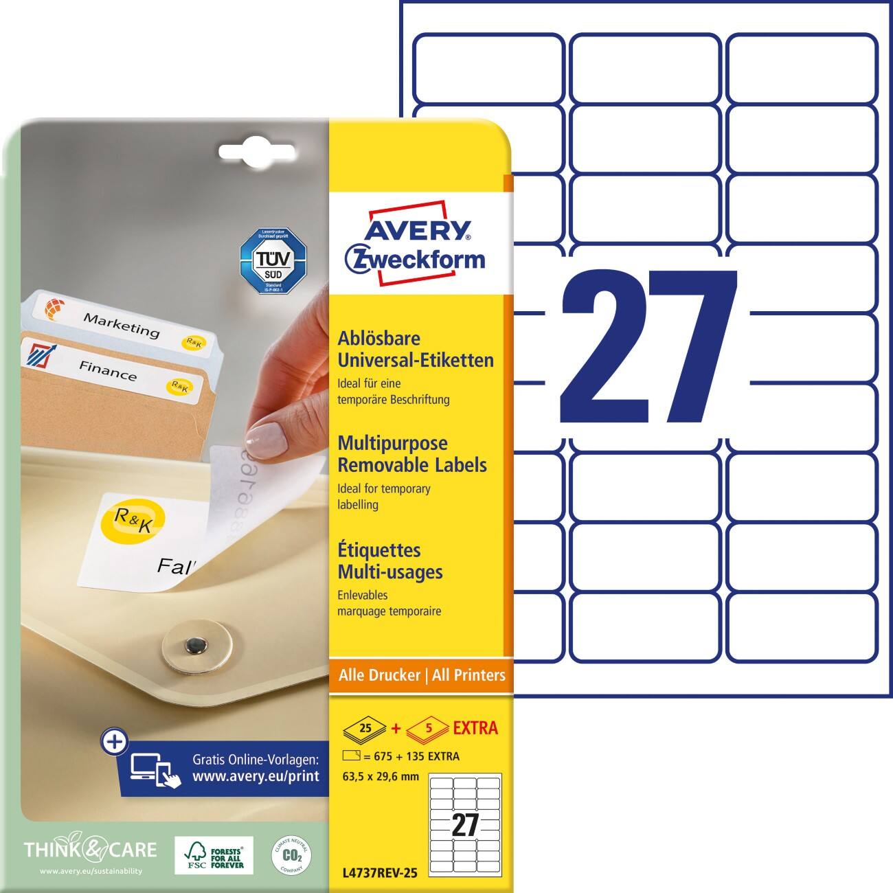 Étiquettes repositionnables Avery L4737REV-25 Blanc A4 63,5 x 29,6 mm 27 Feuilles de 25 Étiquettes