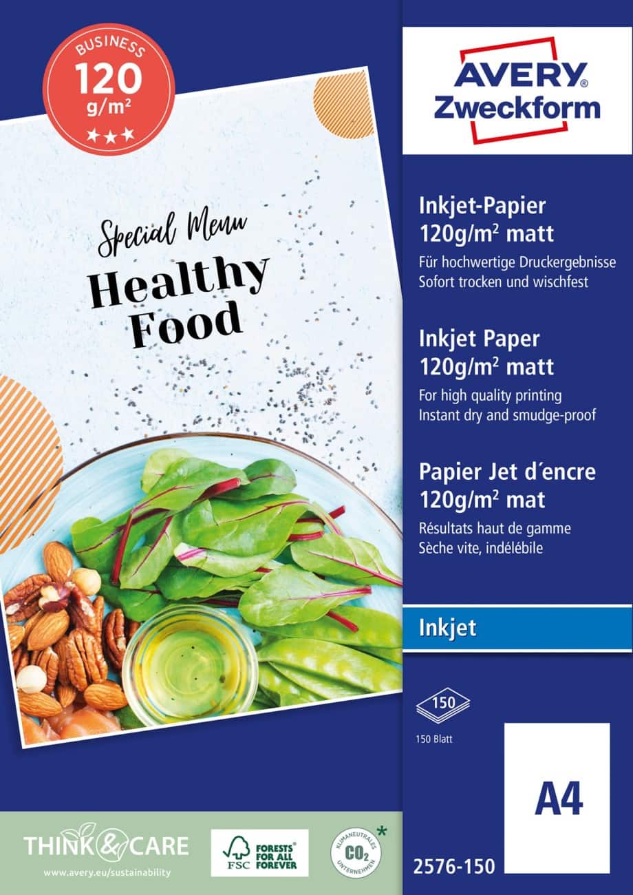 Papier photo AVERY Zweckform Jet d'encre Mat A4 120 g/m² Blanc 150 feuilles