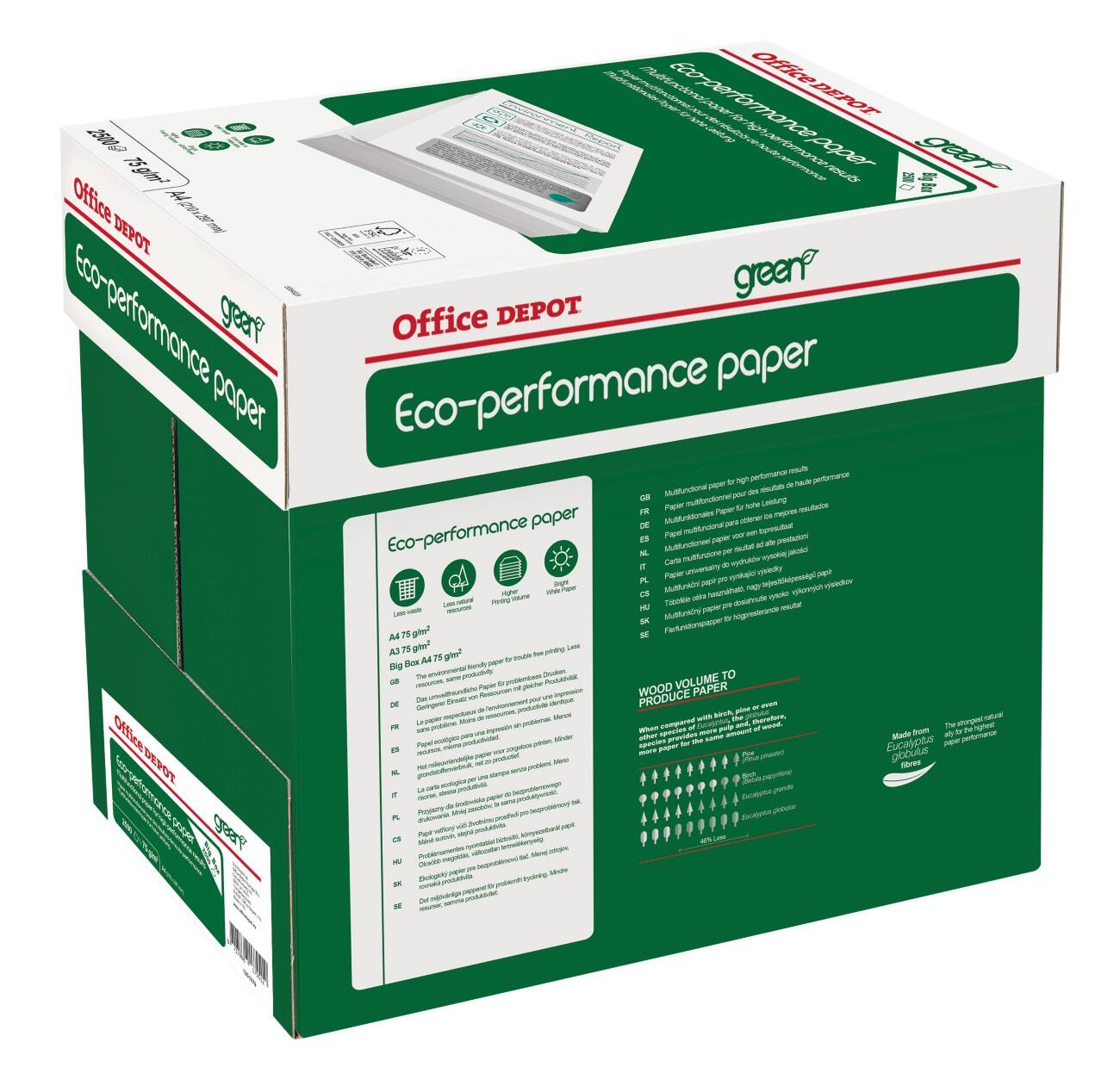Papier copieur Office Depot Green Eco Performance A4 75 g/m² Blanc Boîte de 2500 feuilles