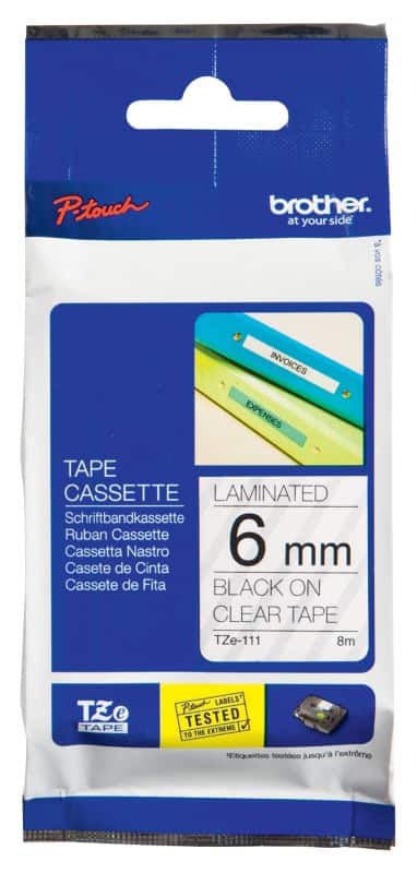 Brother TZe-111 Authentiek Labeltape Zelfklevend Zwart op transparant 6 mm x 8m