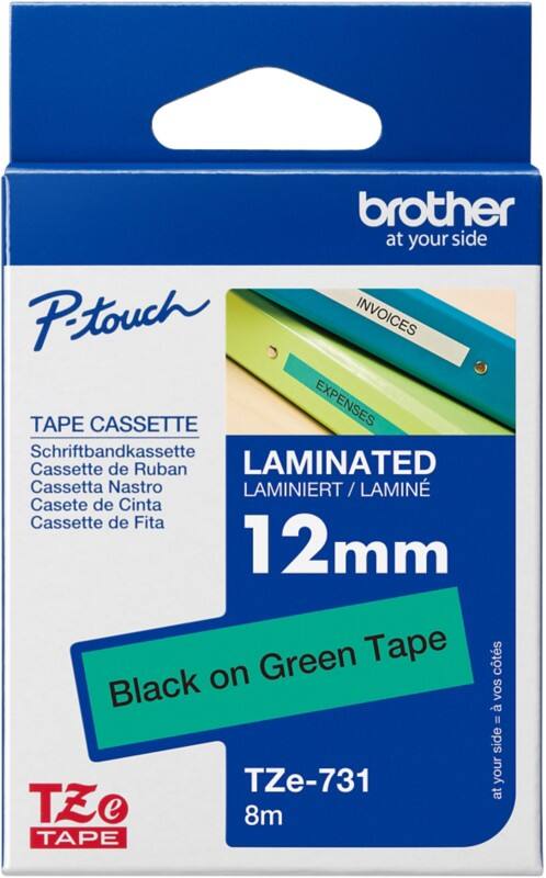 Ruban d'étiquettes Brother P-Touch Authentique TZE731 TZE-731 Autocollantes Noir sur Vert 12 mm x 8 m