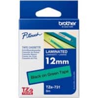 Rouleau d’étiquettes Brother TZe-731 d’origine en continu Autocollantes Noir sur vert 12 mm x 8 m