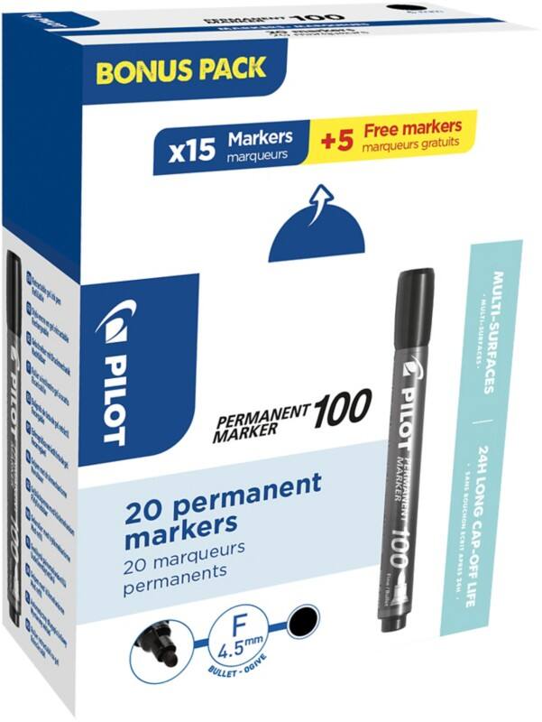Pilot Permanent marker Fijn Ronde punt 1 mm Zwart 20 Stuks