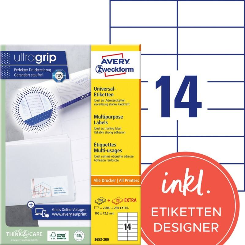 Avery Ultragrip Etiketten 3653-200 Klevend A4 Wit 105 x 42,3 mm 220 Vellen à 14 Etiketten
