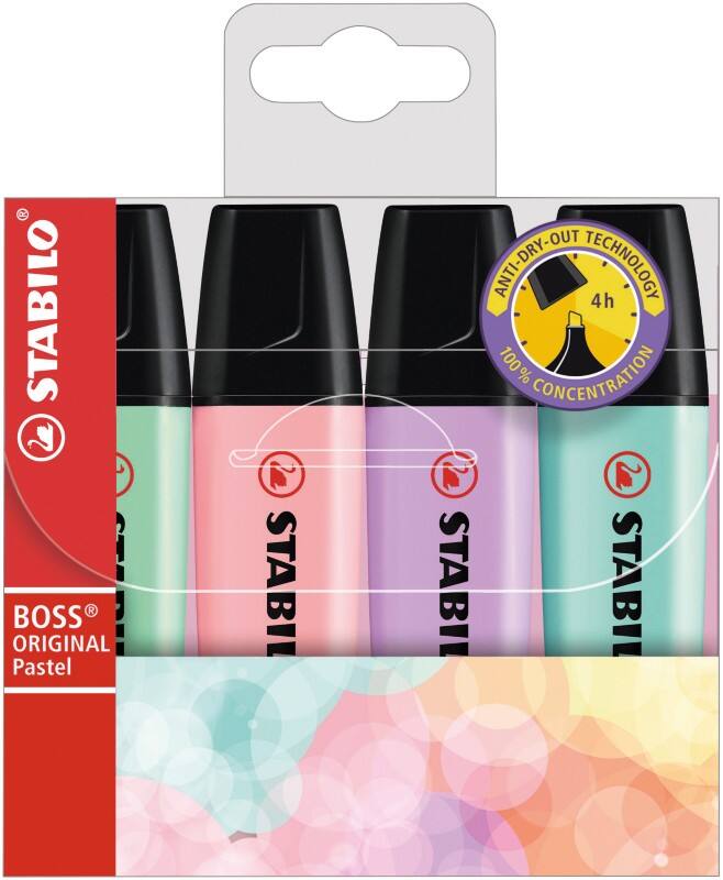 Surligneur STABILO BOSS ORIGINAL Multicolore Large Biseauté 2 - 5 mm Rechargeable 4 Unités
