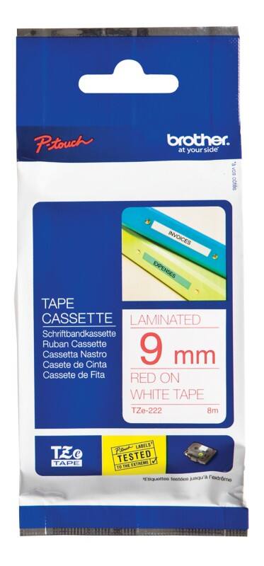 Ruban d'étiquettes Brother TZe-222 d’origine en continu Autocollantes Rouge sur blanc 9 mm x 8 m