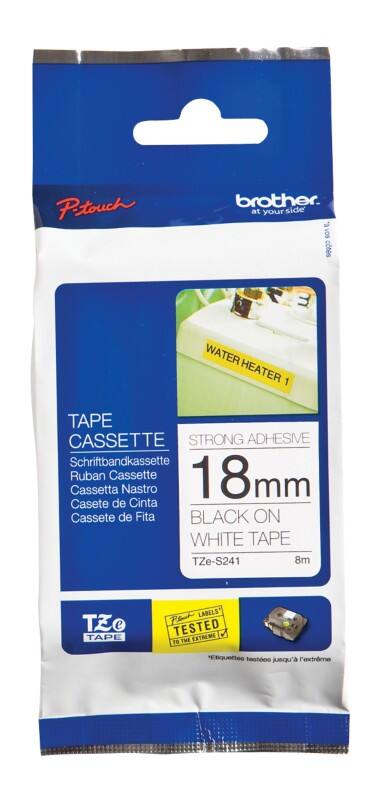 Rouleau d’étiquettes Brother TZe-S241 d’origine Autocollantes Noir sur blanc 18 mm x 8 m