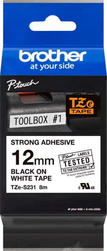 Brother TZe-S231 Authentiek Strong Adhesive Labeltape Zelfklevend Zwart op wit 12 mm x 8m