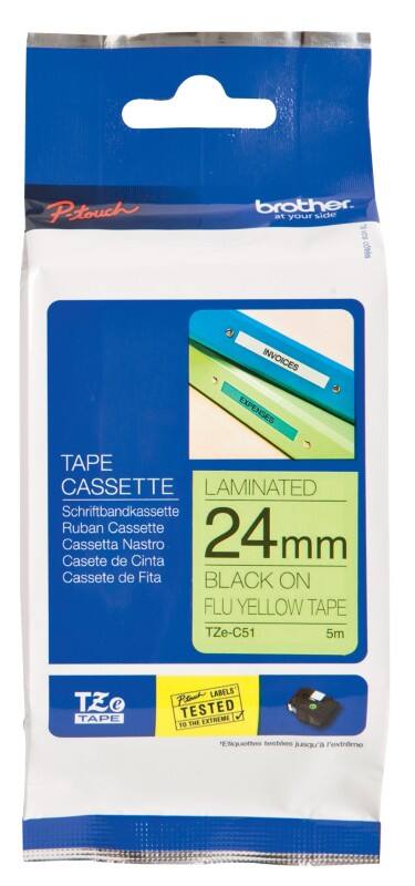 Rouleau d’étiquettes Brother TZe-C51 d’origine Fluorescentes Autocollantes Noir sur jaune 24 mm x 5 m