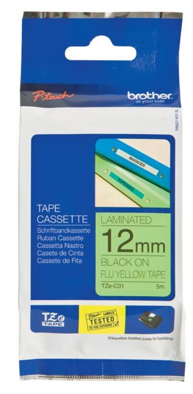 Rouleau d’étiquettes Brother TZe-C31 d’origine Fluorescentes Autocollantes Noir sur jaune 12 mm x 5 m