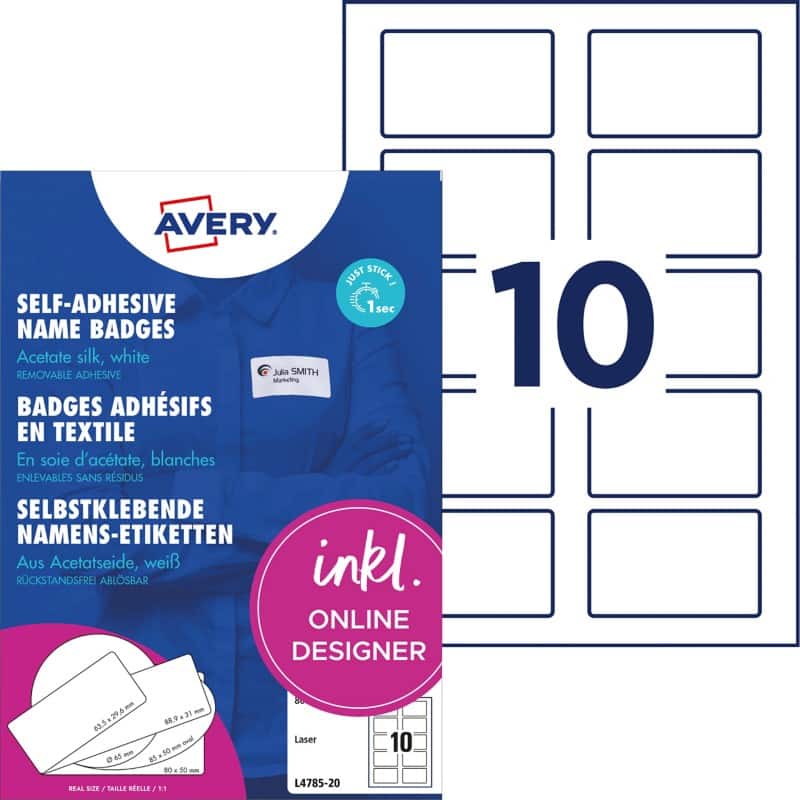 Badge nominatif Avery Stick&Lift L4785-20 Adhésif A4 Blanc 80 x 50 mm 20 Feuilles de 10 Étiquettes
