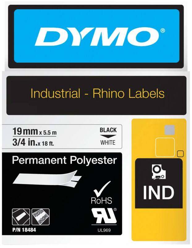 Dymo IND S0718220 / 18484 Authentiek Rhino Polyester Labeltape Zelfklevend Zwart op wit 19 mm x 5.5m