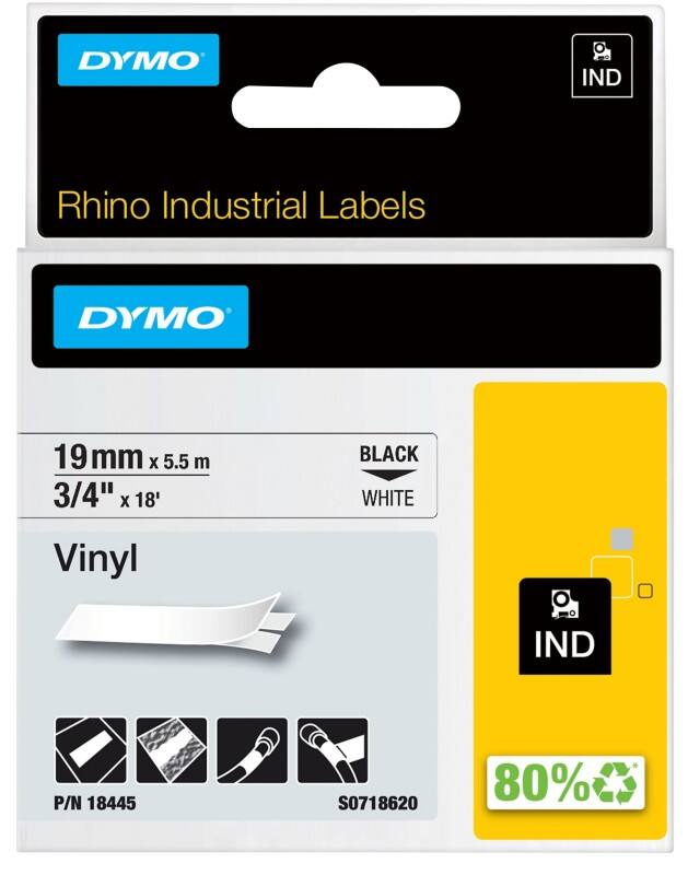Ruban d’étiquettes IND Dymo S0718620 / 18445 Rhino d’origine, en vinyle Autocollant Noir sur blanc 19 mm x 5,5 m