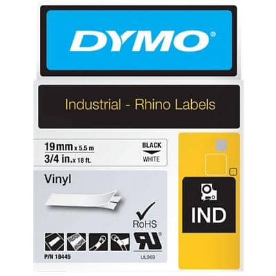 Ruban d’étiquettes IND Dymo S0718620 / 18445 Rhino d’origine, en vinyle Autocollant Noir sur blanc 19 mm x 5,5 m