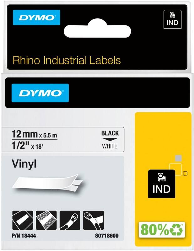 Ruban d’étiquettes Dymo IND S0718600 / 18444 Rhino d’origine, en vinyle Autocollant Noir sur blanc 12 mm x 5,5 m