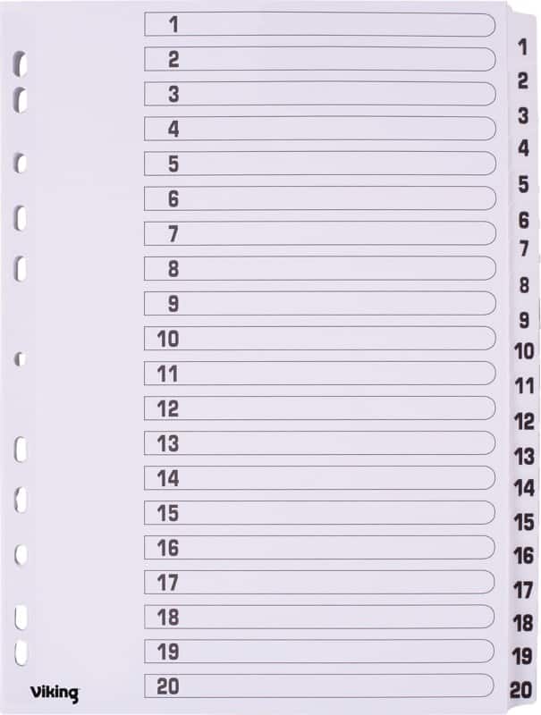 Viking Standard 1 tot 20 Numerieke tabbladen A4 Wit 20 tabs Karton 11 Gaten 20 Vellen