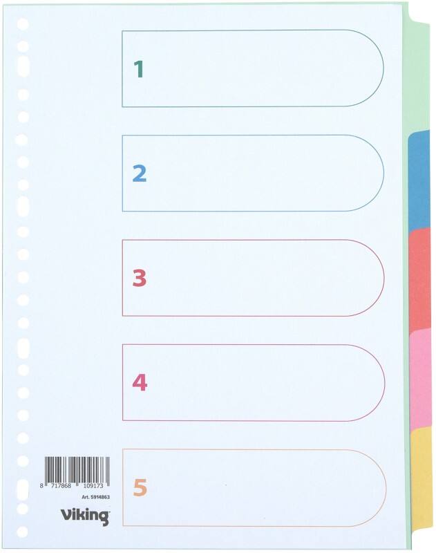 Viking Standard Blanco tabbladen 100% Gerecycled A4 Kleurenassortiment 5 tabs 160 g/m² Manilla 23 Gaten 5 Vellen