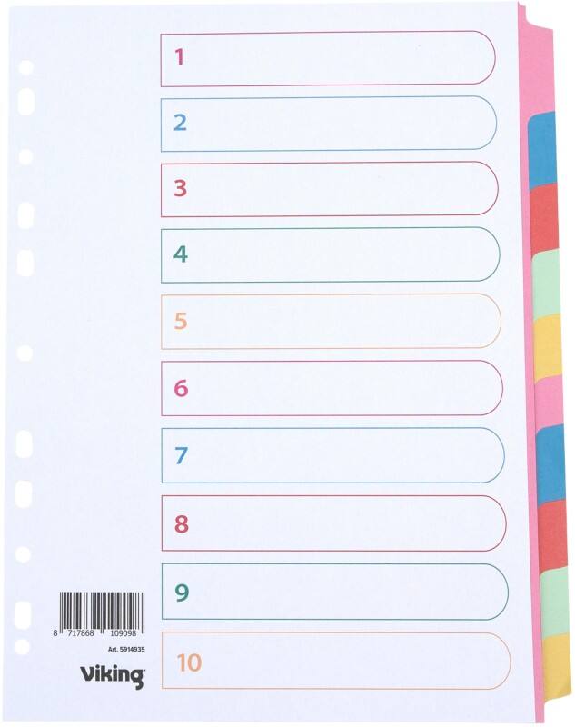 Viking Standard Blanco tabbladen 100% Gerecycled A4 Kleurenassortiment 10 tabs 160 g/m² Karton 11 Gaten 10 Vellen