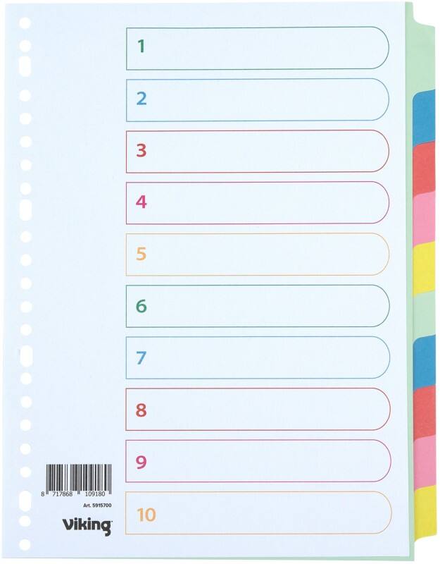 Viking Standard Blanco Tabbladen 100% gerecycleerd A4 Kleurenassortiment Kleurenassortiment 10 tabs Manilla 23 Gaten 10 Vellen