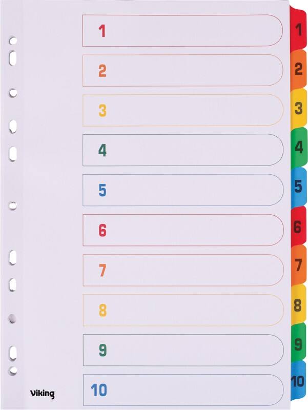 Viking Mylar 1 tot 10 Numerieke tabbladen A4 Kleurenassortiment 10 tabs Mylar gecoat karton 11 Gaten
