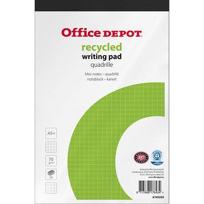 Office Depot A5+ Schrijfblok Wit Papieren kaft Geruit Recycled Microperforatie 50 Vel