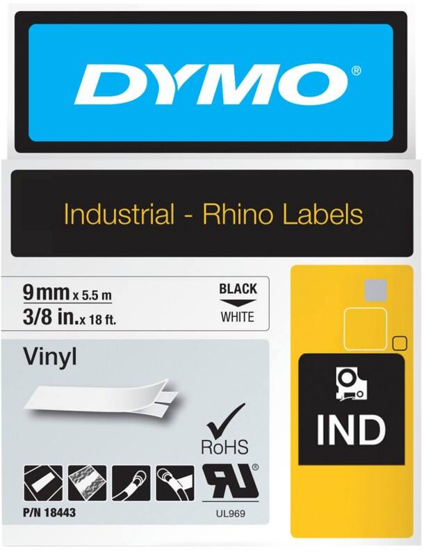 Ruban d’étiquettes IND Dymo S0718580 / 18443 Rhino d’origine, en vinyle Autocollant Noir sur blanc 9 mm x 5,5 m