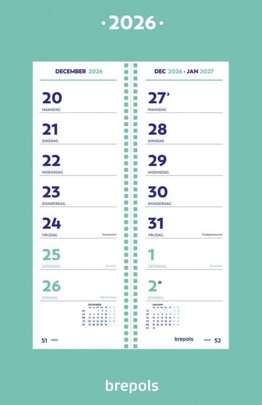 Brepols Jaarkalender 2026 1 Week per pagina Nederlands 31 (B) x 0,5 (D) x 10 (H) cm Blauw