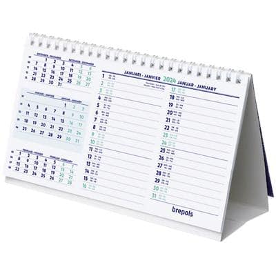Calendrier de bureau Brepols Table Top Calendar 2024 3 Mois par page Blanc Allemand, Français, Italien, Anglais