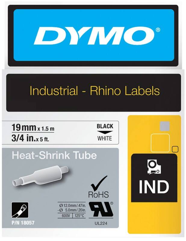 Ruban thermorétractable IND Dymo Rhino 18057 Noir sur Blanc 19 mm x 1,5 m