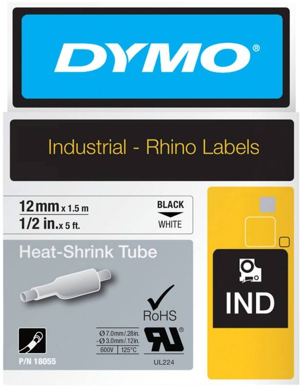 Ruban thermorétractable Dymo IND S0718300 / 18055 Rhino d’origine, autocollant Noir sur blanc 12 mm x 1,5 m