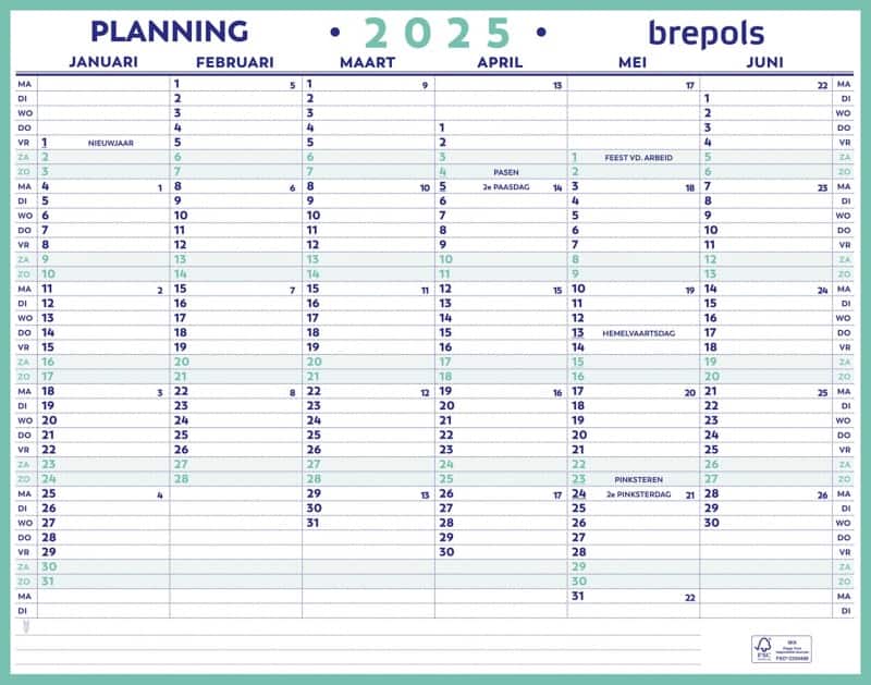 Calendrier mural Brepols Maxi Planning NL 2026 6 Mois par page Néerlandais 33 (L) x 0,3 (P) x 42 (H) cm Blanc