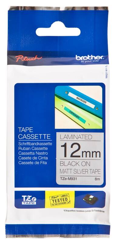 Rouleau d’étiquettes Brother TZe-M931 d’origine en continu Autocollantes Noir sur argenté 12 mm x 8 m
