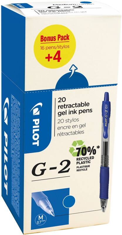 Roller encre gel Pilot G2 Rétractable Bleu 0,4 mm Moyen Conique Rechargeable 70% Recyclé 20 Unités