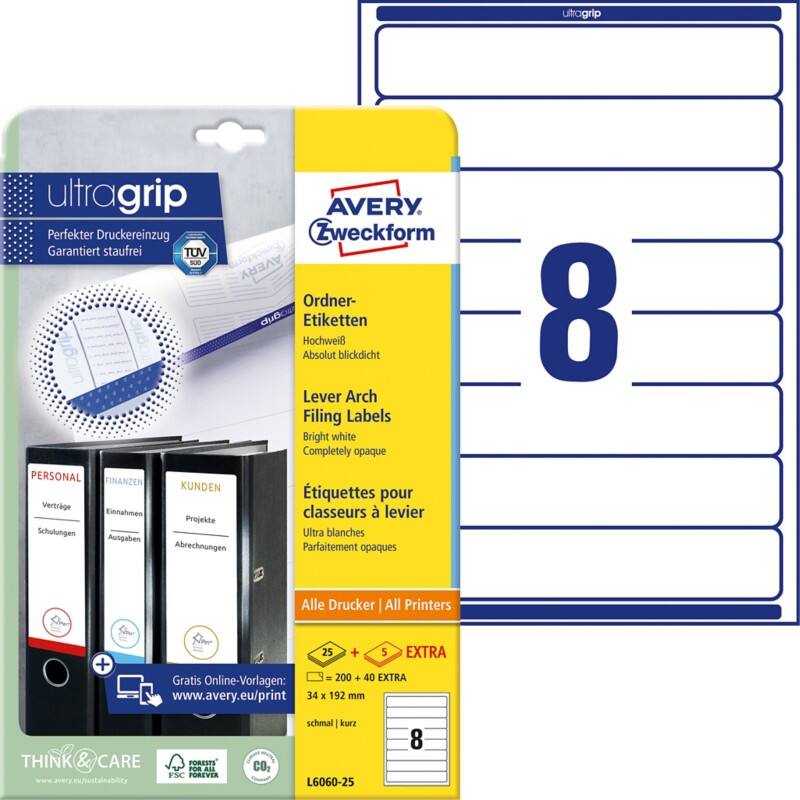 Avery UltraGrip Ordnerrugetiketten L6060-25 Klevend A4 Wit 3,4 x 19,2 cm 30 Vellen à 8 Etiketten