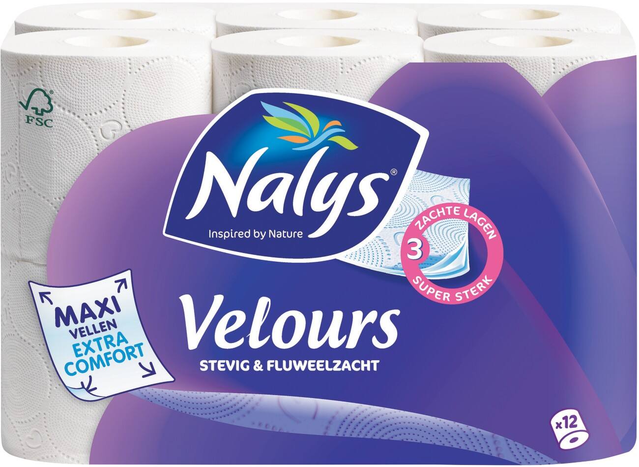 Nalys Toiletpapier Velours maxi sheet 3-laags 12 Rollen à 130 Vellen