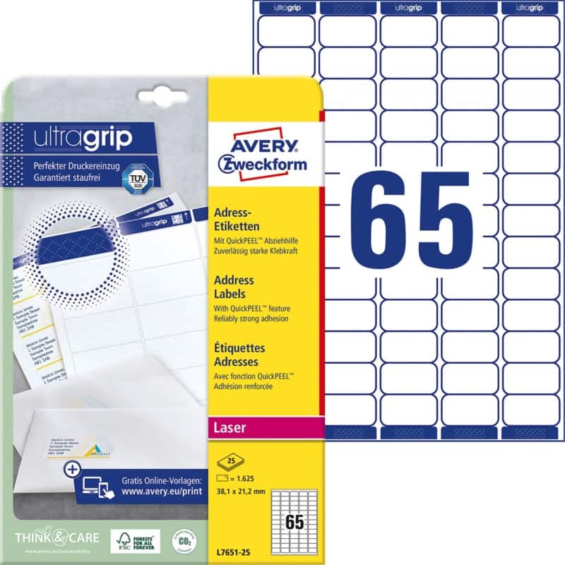 Avery UltraGrip Adresetiketten L7651-25 Klevend A4 Wit 38,1 x 21,2 mm 25 Vellen à 65 Etiketten