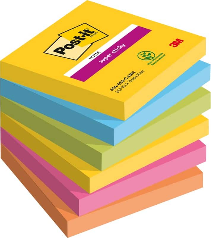 Post-it Carnival Super Sticky Notes 76 x 76 mm Kleurenassortiment Vierkant Blanco 6 blokken à 90 Vellen