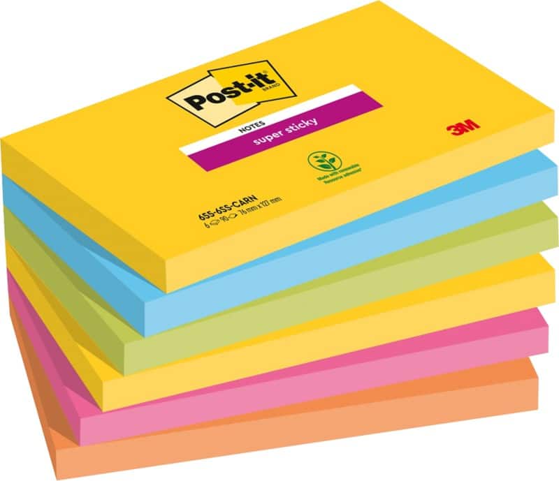 Post-it Carnival Super Sticky Notes 127 x 76 mm Kleurenassortiment Rechthoekig Blanco 6 blokken à 90 Vellen
