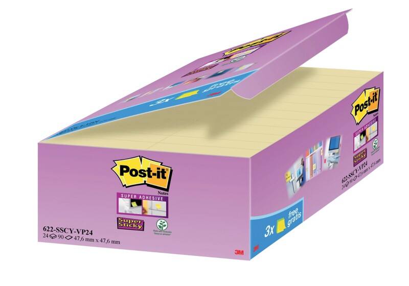 Post-it Super Sticky Notes 47,6 x 47,6 mm Kanariegeel 90 Vellen Voordeelpak 21 blokken + 3 GRATIS