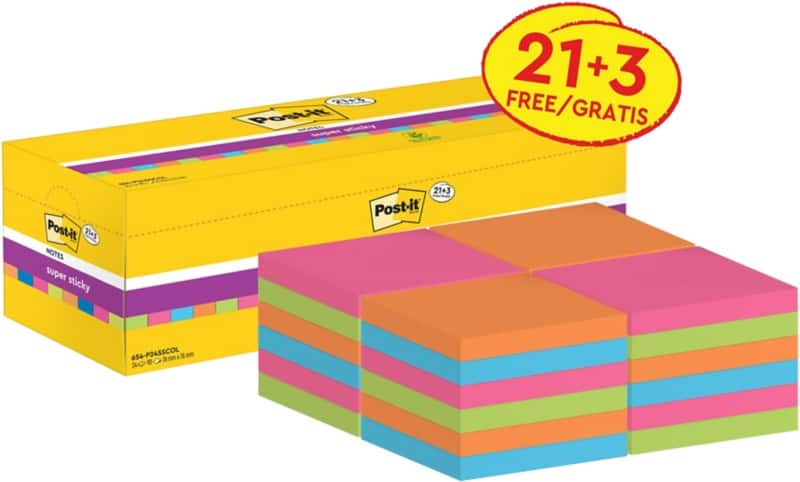 Post-it Super Sticky Notes 76 x 76 mm Neon Kleuren 90 Vellen Voordeelpak 21 blokken + 3 GRATIS