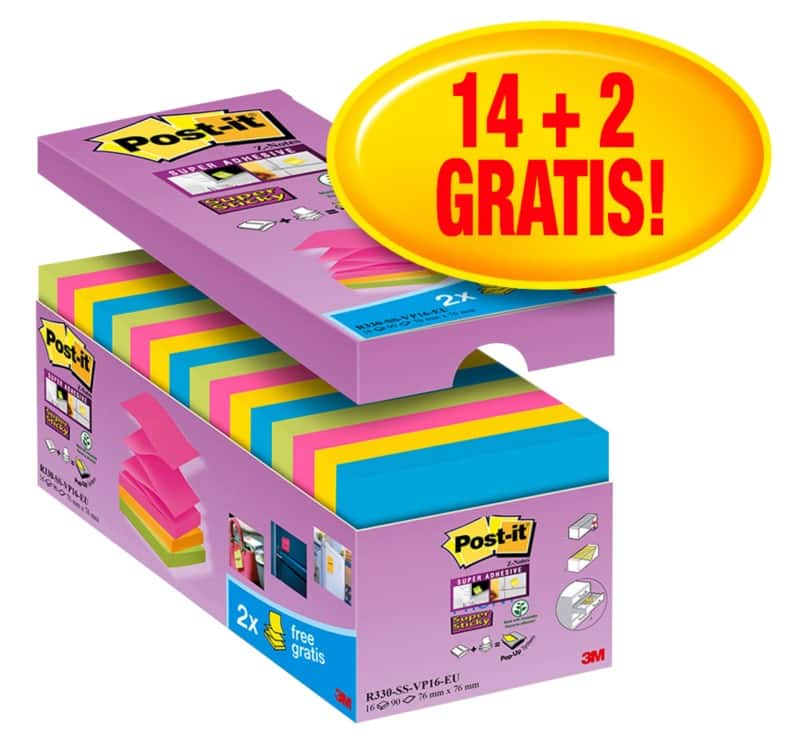 Post-it Super Sticky Z-Notes 76 x 76 mm Neon Kleuren 90 Vellen Voordeelpak 14 blokken + 2 GRATIS