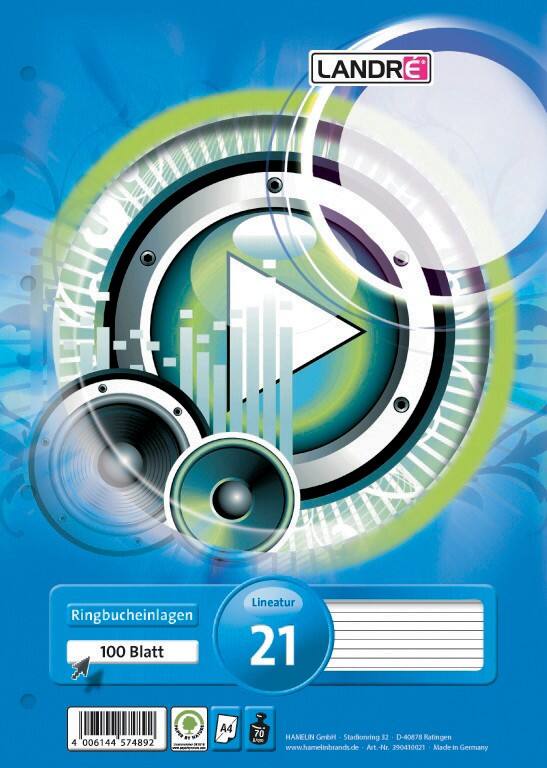 Feuilles mobiles LANDRÉ Collé A4 Ligné Carte laminée Blanc, Bleu Perforé 200 Pages 100 Feuilles