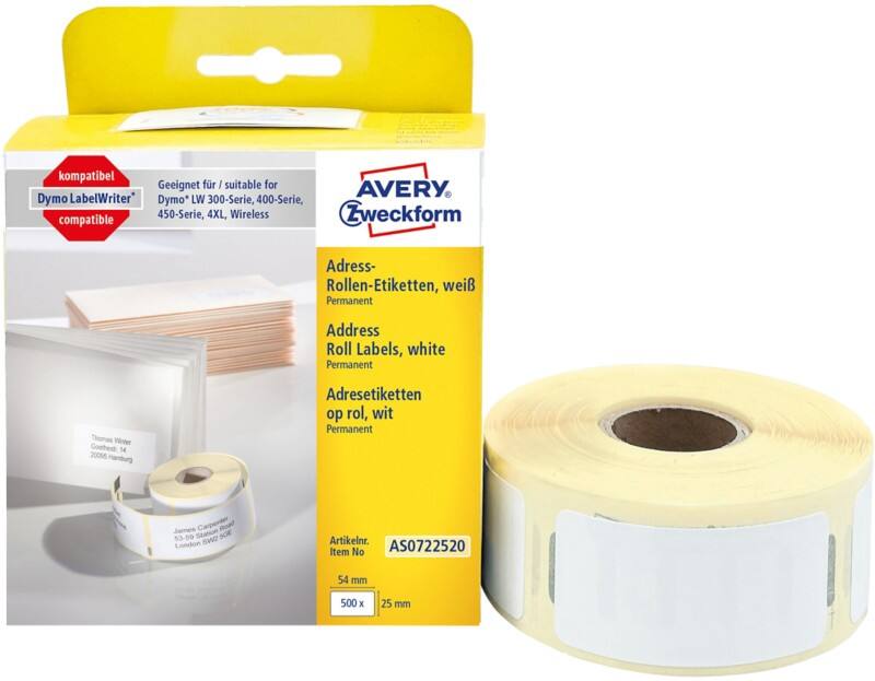 Avery Adresetiket AS0722520 AS0722520 Klevend 25 x 54 mm 1 Rollen à 500 Etiketten
