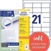 Étiquettes universelles Ultragrip Laser AVERY Zweckform 3670 Adhésif A4 Blanc 64 x 36 mm 100 Feuilles de 21 Étiquettes