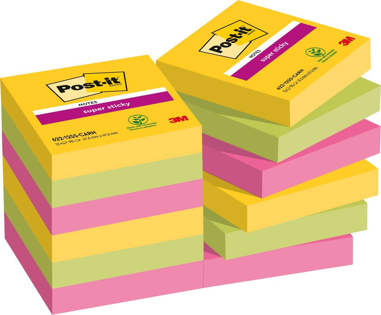 Notes Post-it Super Sticky 47,6x47,6mm Couleurs Rio de Janeiro 12 Blocs de 90 Feuilles